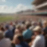 A view of the grandstand filled with enthusiastic spectators at the Preakness Stakes.