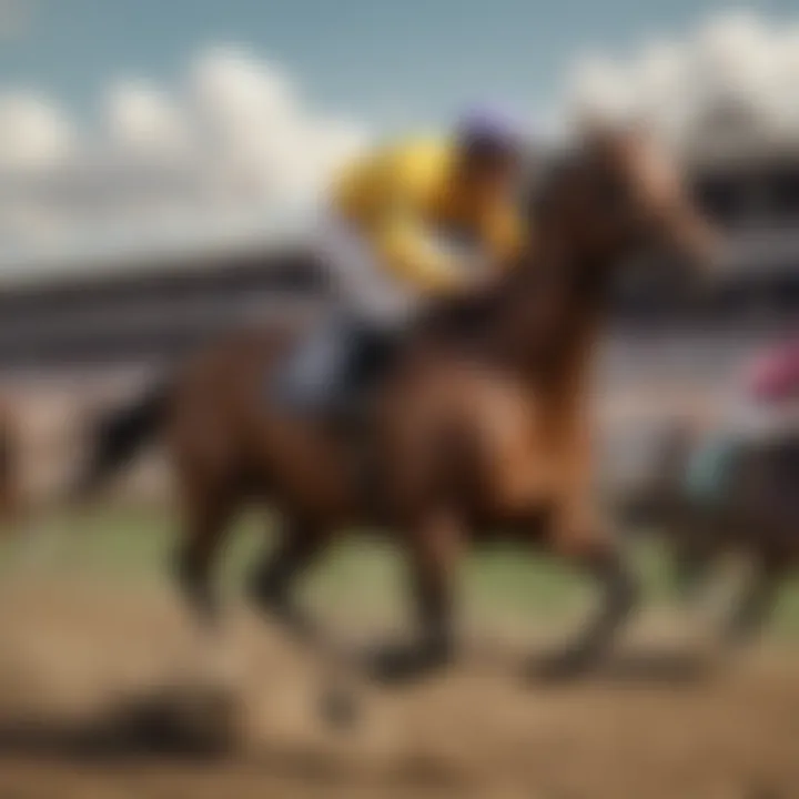 A jockey riding a thoroughbred horse during the Preakness Stakes.