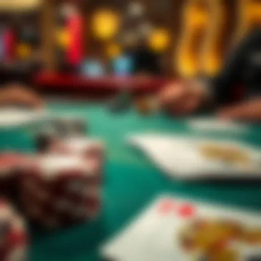 A close-up of poker chips and cards on a felt table showcasing gameplay