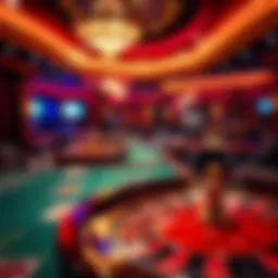 A vibrant casino game atmosphere showcasing roulette and card tables.
