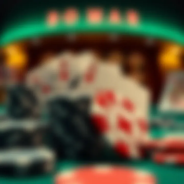 Close-up of poker chips and cards, emphasizing strategy in card games.