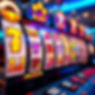 Close-up view of an 8 liner slot machine display showing vibrant symbols