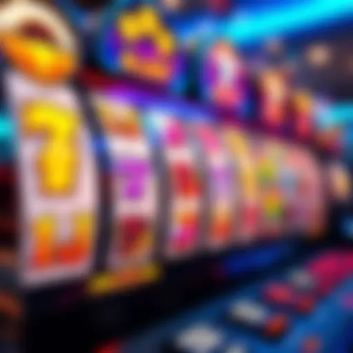 Close-up view of an 8 liner slot machine display showing vibrant symbols