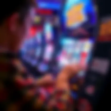 A close-up of a player interacting with a modern slot machine screen