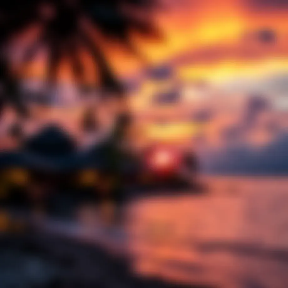 Tropical island resort with a vibrant sunset
