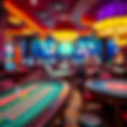 A vibrant casino scene showcasing various gaming tables
