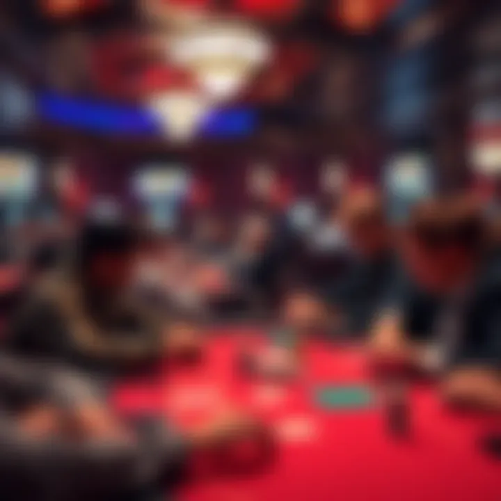 Interior of a bustling poker room with players engaged in games