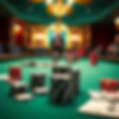 Close-up of poker chips and cards on a green felt table