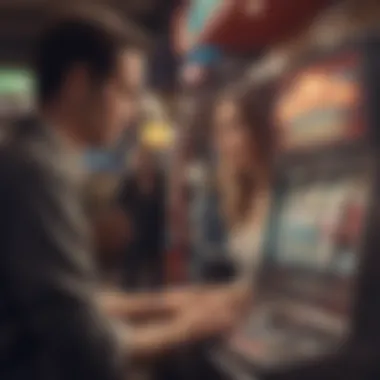 Customer Engaged with a Slot Machine A customer interacting with a slot machine in a gas station