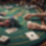 An elegant casino gaming table with chips and cards