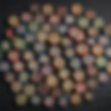 A collection of used poker chips displayed on a felt table, highlighting their varied colors and patterns.