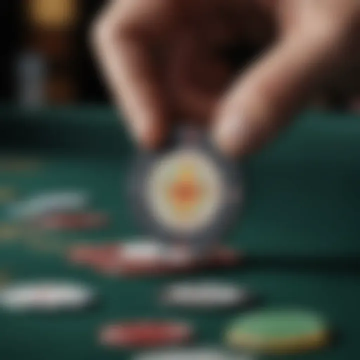 An expert examining the condition of a poker chip with a magnifying glass, emphasizing evaluation criteria.