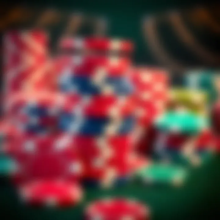 Strategic Casino Chips Arrangement A close-up of vibrant casino chips stacked strategically