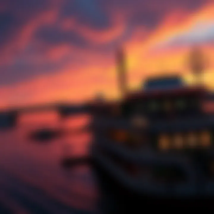 A stunning view of a Mississippi River boat casino at sunset