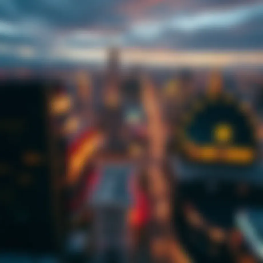 A panoramic view of a bustling Indiana cityscape with vibrant nightlife, highlighting the excitement of online betting.