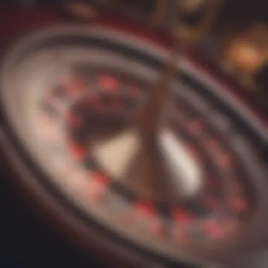 A close-up view of a roulette wheel featuring red and black slots.