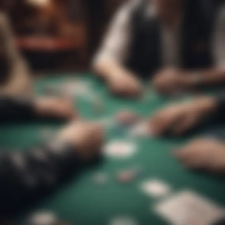 A focused player analyzing their cards and the community cards on a poker table.