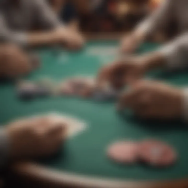 Players engaged in a game of poker with casino quality chips on the table